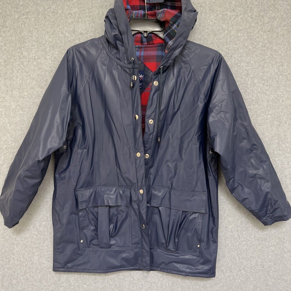 Vintage Apres Sport Flannel Lined Rain Jacket Medium Blue Hooded Parka Outdoor